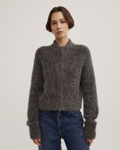 Charcoal Marle Fluffy Funnel Bomber Jacket - Women's Jackets | Witchery