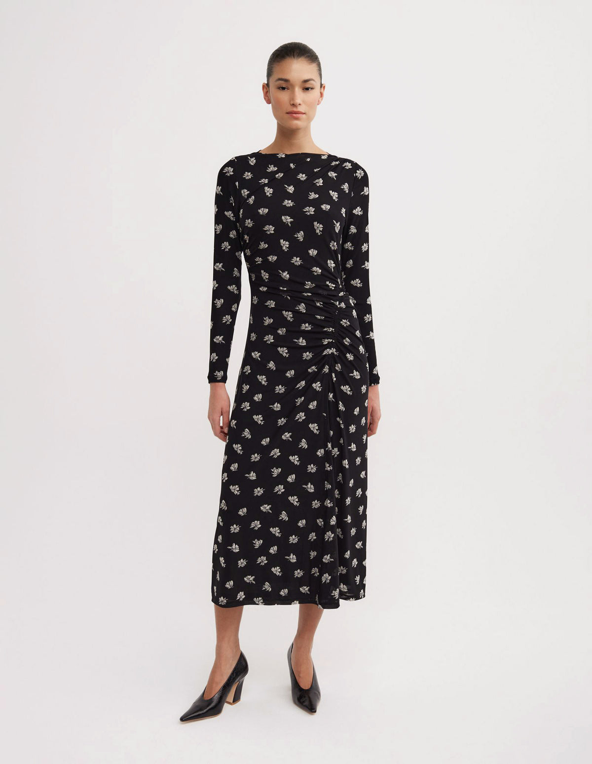 Long Sleeve Ruched Mesh Dress